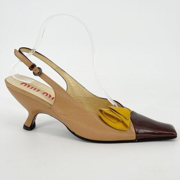 Miu Miu Vintage Tan Brown Yellow Flower Detail Square Toe Slingback Heel IT 40 - Picture 2 of 12